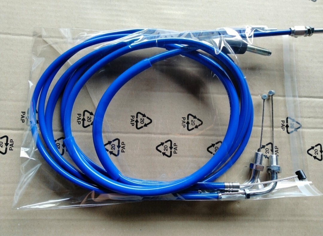 送料込み SUZUKI GS400 初期型 GS400E 20cm ロング アクセル クラッチ ワイヤー ケーブル セット ブルー GS400E2 E3 GS425 GS400L拍卖