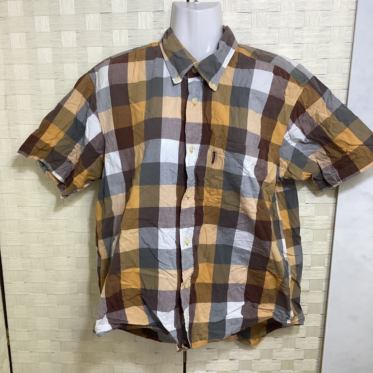 Hanes メンズ 半袖 チェックシャツ Mサイズ イエロー系 ブラウン系 M133拍卖