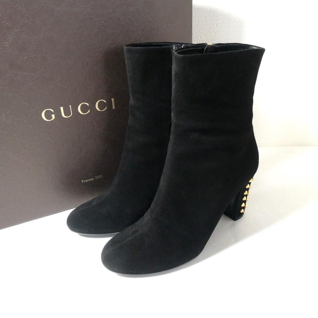 美品 GUCCI グッチ サイズ36.5 約23.5㎝ スエード スパイク ラウンドトゥ チャンキーヒール ショートブーツ ミドルブーツ 黒 ブラック拍卖