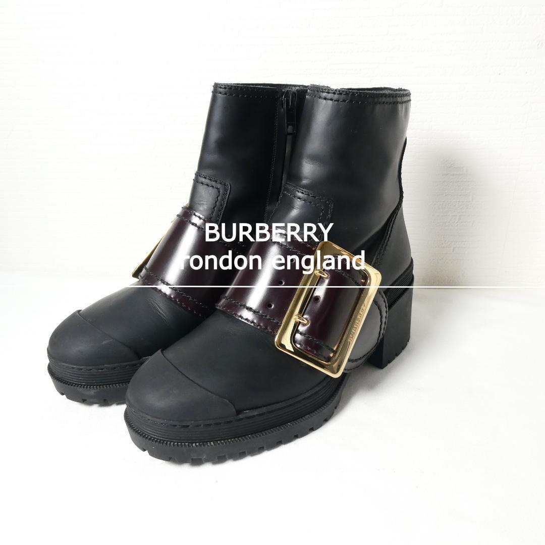 美品 BURBERRY バーバリーロンドンイングランド サイズ35 約22㎝ バックル ベルト レザー マウンテンブーツ ショートブーツ 黒 ブラック拍卖