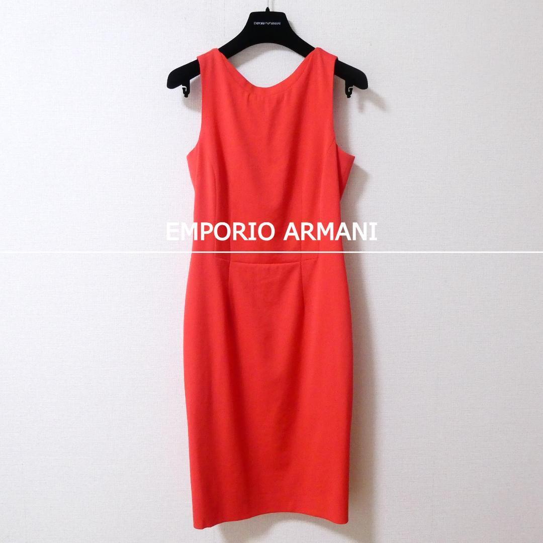 EMPORIO ARMANI エンポリオアルマーニ サイズ38 Vネック 膝丈 タイト ノースリーブ ワンピース ドレス 赤 レッド拍卖
