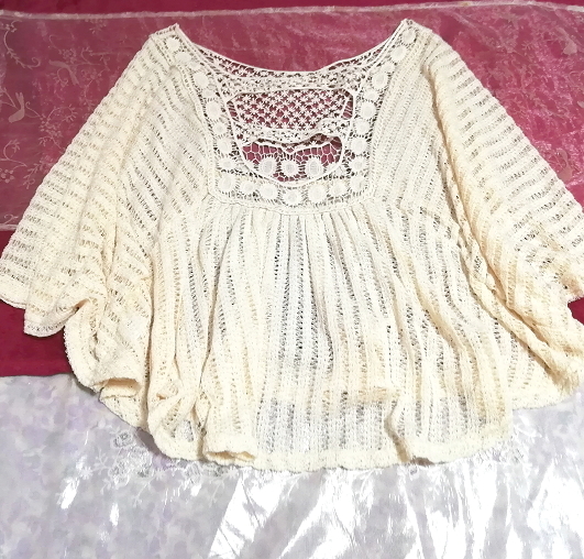白フローラルホワイトポンチョ風編み長袖チュニックトップス White floral white poncho-style knitted long sleeve tunic tops拍卖