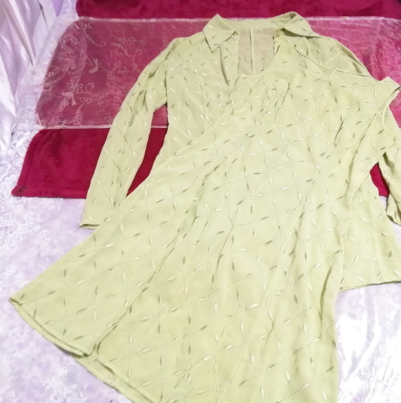 黄緑グリーンシフォン羽織カーディガンノースリーブワンピース2ピース Yellow green chiffon haori cardigan sleeveless dress 2 piece拍卖