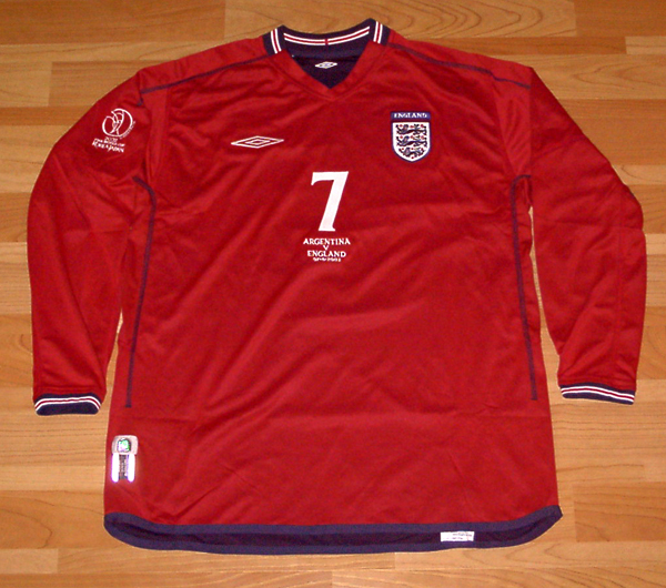 02W杯 イングランド ENGLAND(A)#7 ベッカム BECKHAM 長袖 Umbro 対アルゼンチン戦仕様刺繍 Sor M or L or XL拍卖