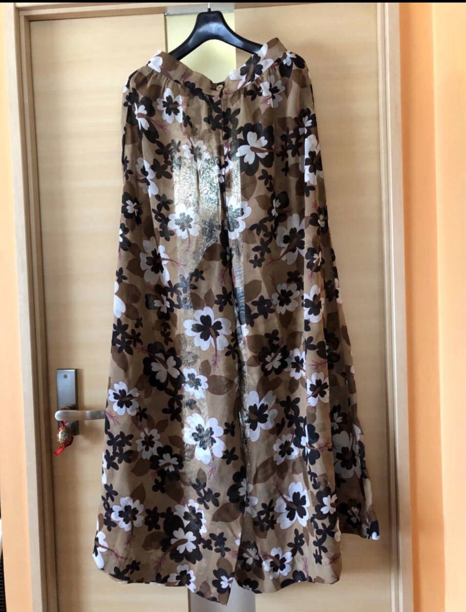 美品フランスパリヴィンテージショップ購入花柄フレアースカートパンツワイドフレアー薄地軽量♪ベージュブラウン系着丈105㎝長身さんに拍卖