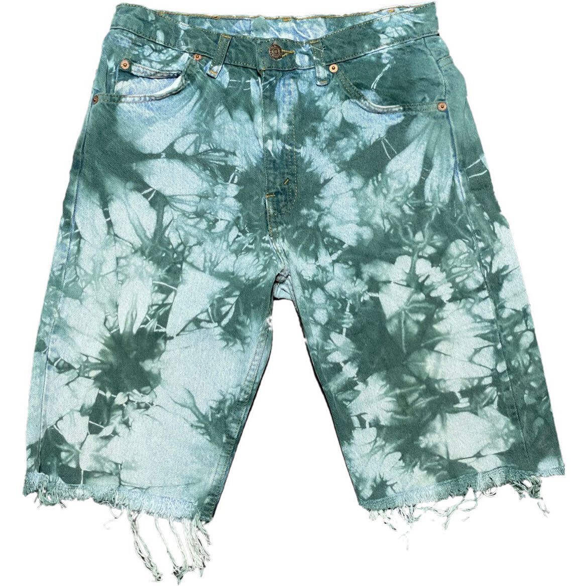 Levi's 505 タイダイ染めハーフパンツ ライトインディゴ×グリーン W30-L30サイズ リーバイス リメイク拍卖