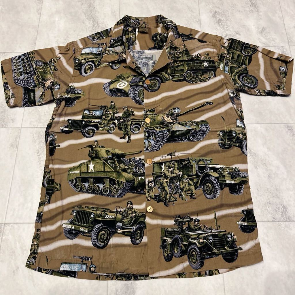 90s HYSTERIC GLAMOUR ヒステリックグラマー 戦車 ミリタリー 開襟 オープンカラー 総柄 アロハシャツ 半袖シャツ レーヨン100%拍卖
