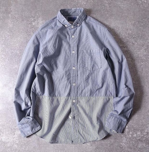 BLUE BLUE ハリウッドランチマーケット ARIGATO ボタンダウン シャツ チェック ストライプ 日本製 コットン メンズ (2) ネイビー系 r-160拍卖