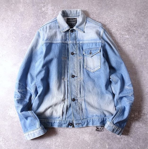 KURO クロ ウォッシュ加工 デニム ジャケット 1st Gジャン 日本製 コットン ブリーチ ヴィンテージ加工 メンズ (L) インディゴ ●r-158拍卖