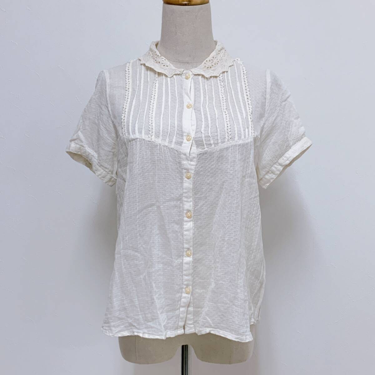 YH0811 pinky ピンキー レディース 半袖 コットン ブラウス オフホワイト 白 レース 薄手 透け感 フェミニン かわいい ゆるふわ 万能 USED拍卖