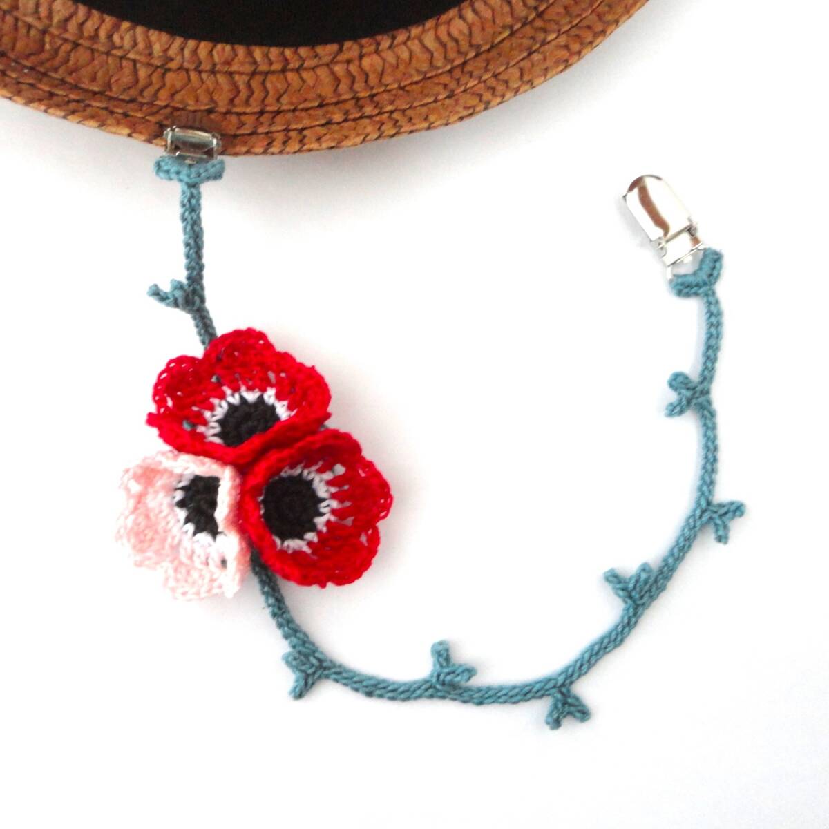 アネモネの帽子クリップ*マルチクリップ*ベビークリップ*RD*ハンドメイド*レース編み*b599拍卖