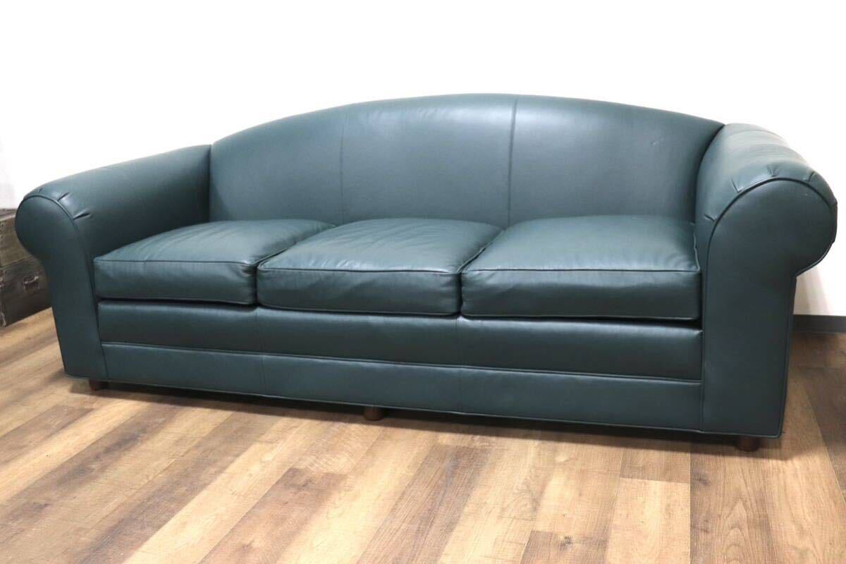 GMHS220C○ETHAN ALLEN / イーセンアーレン 3人掛けソファ トリプルソファ 本革 グリーン 応接 IDC大塚家具 US クラシック ヴィンテージ拍卖