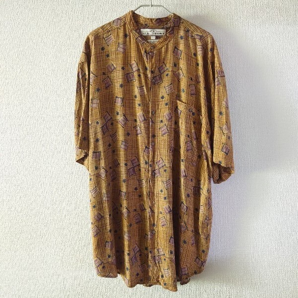 M.E.SPORT ノーカラー アロハシャツ 半袖 レーヨン ブラウン 渋柄 シック 拍卖