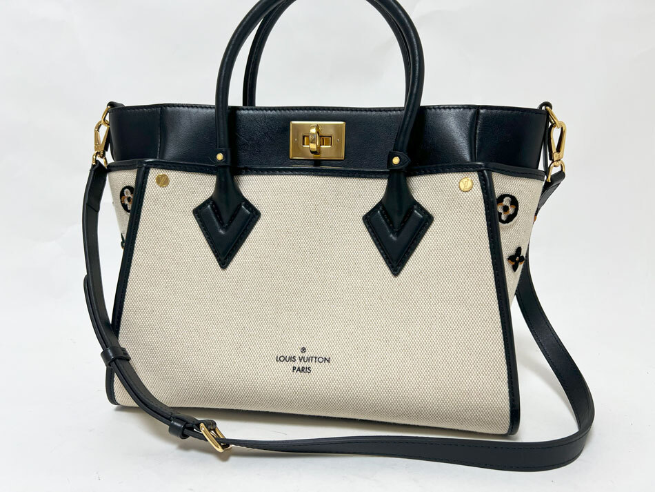LOUIS VUITTON ルイウ゛ィトン オンマイサイドMM 2WAY トートバッグ レザー キャンバス ブラック オフホワイト ICタグ M59842 美品拍卖