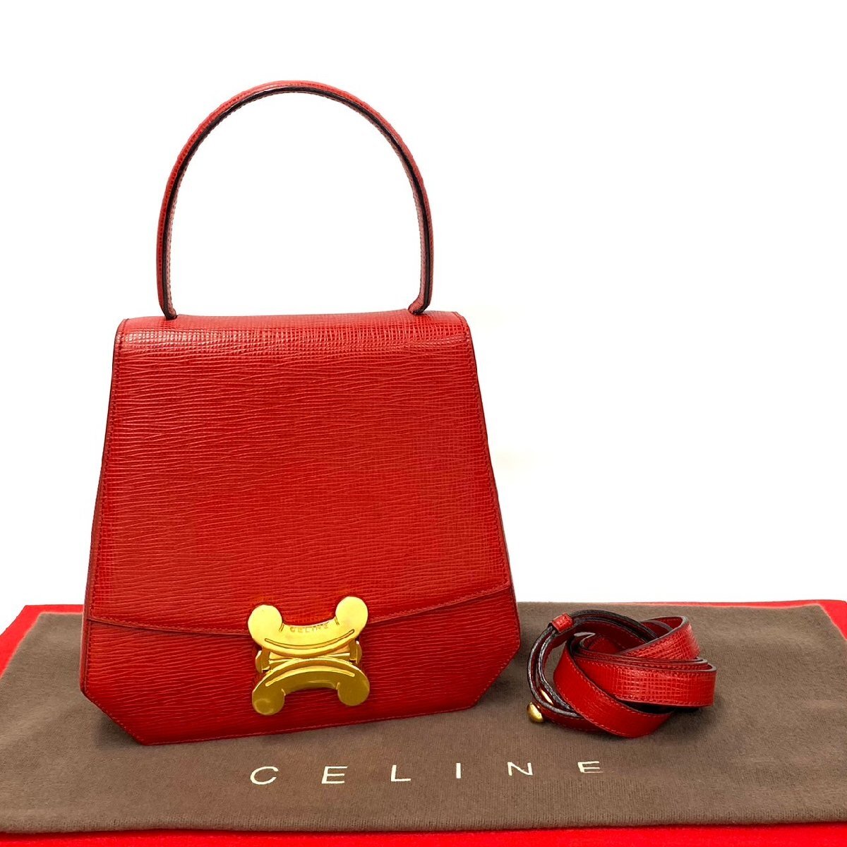 ほぼ未使用 希少品 袋付き CELINE セリーヌ トリオンフ ロゴ 金具 レザー 本革 2way ハンドバッグ ショルダーバッグ レッド 13233拍卖