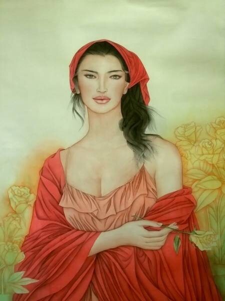 ☆☆☆☆☆水彩画 彩色が美しい 「黄色いバラと赤いドレスの娘」拍卖