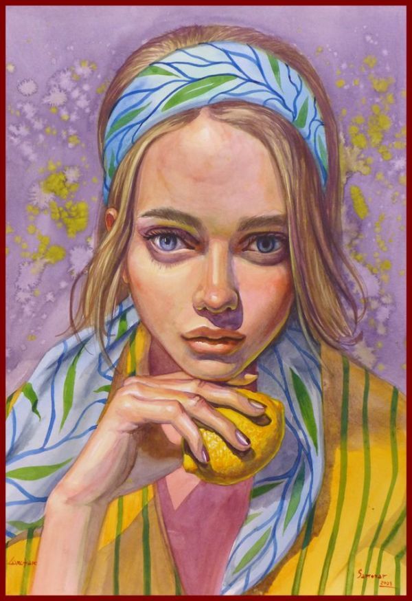 ☆原画 水彩 遠くを見つめる瞳  「レモンとウクライナの娘」拍卖