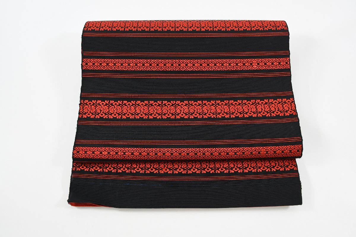 袋名古屋帯 縞模様 花 黒 帯丈385cm ★着物屋 ne-10973 桜庭呉服店拍卖