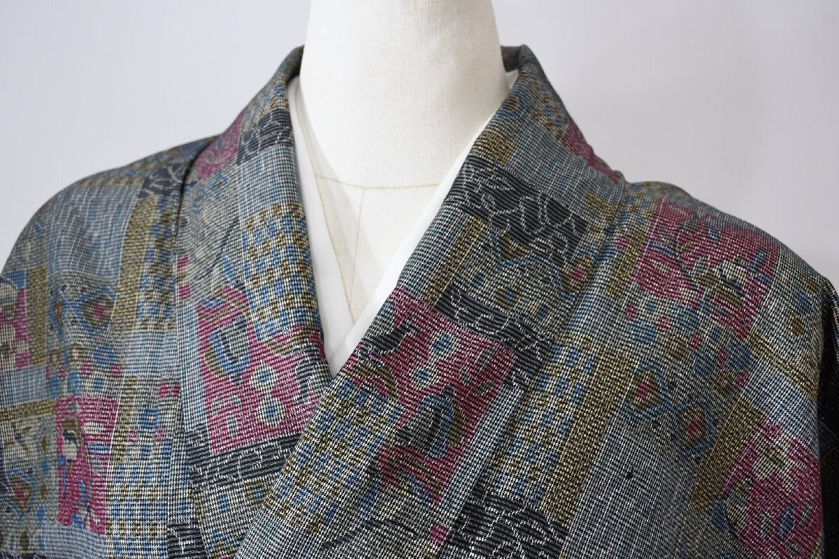 大島紬 スクエアスクランブル 花 菱 身丈152.5cm 裄丈65cm ★着物 pb-2945 桜庭呉服店拍卖