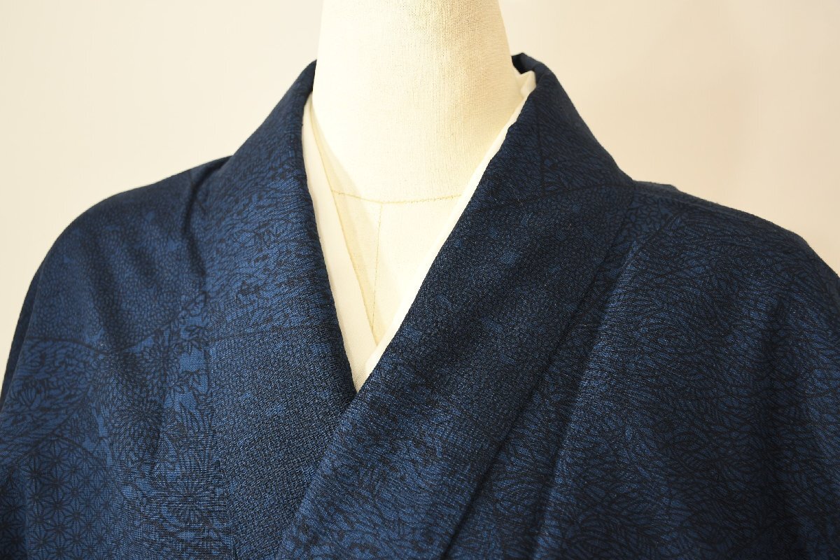 紬 つむぎ 割文 袷 麻の葉 花 葉 身丈154cm 裄丈64cm ★着物 pb-2911 桜庭呉服店拍卖