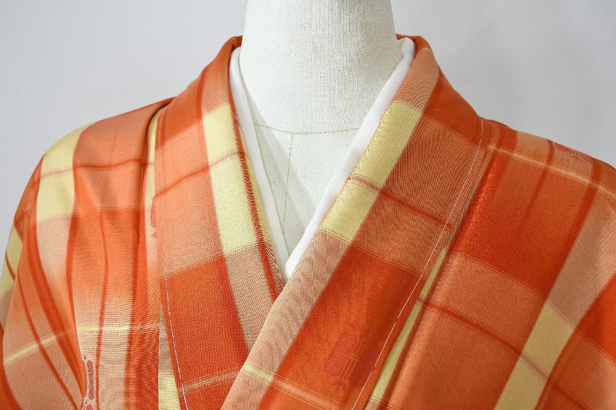 紬 つむぎ 遠州椿 チェック柄 身丈159.5cm 裄丈66cm ★着物 pb-2896 桜庭呉服店拍卖