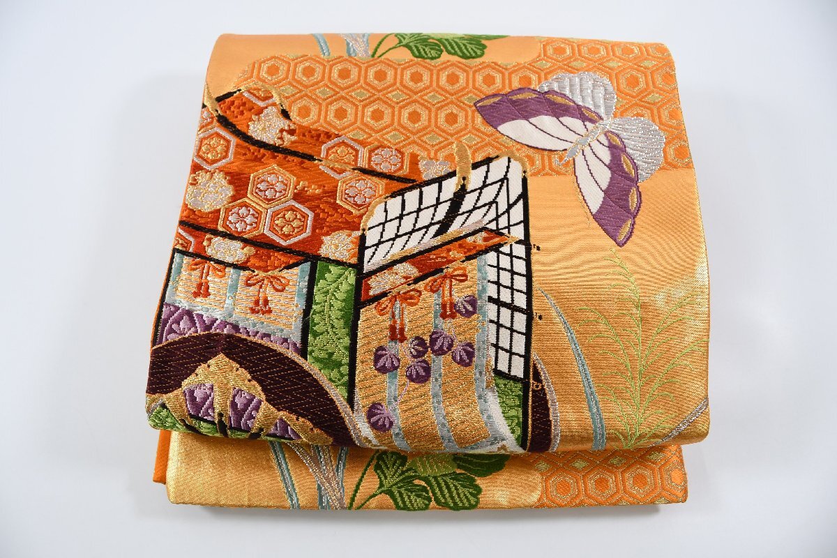 袋名古屋帯 六通柄 花車 菊 花 金糸 帯丈416cm ★着物屋 ne-11106 桜庭呉服店拍卖