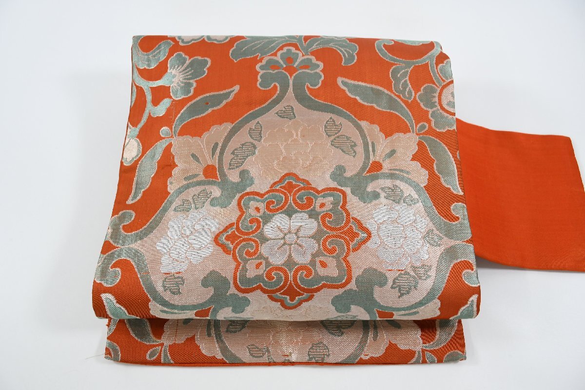 名古屋帯 アンティーク 花 葉 帯丈330cm ★着物屋 ne-11179 桜庭呉服店拍卖