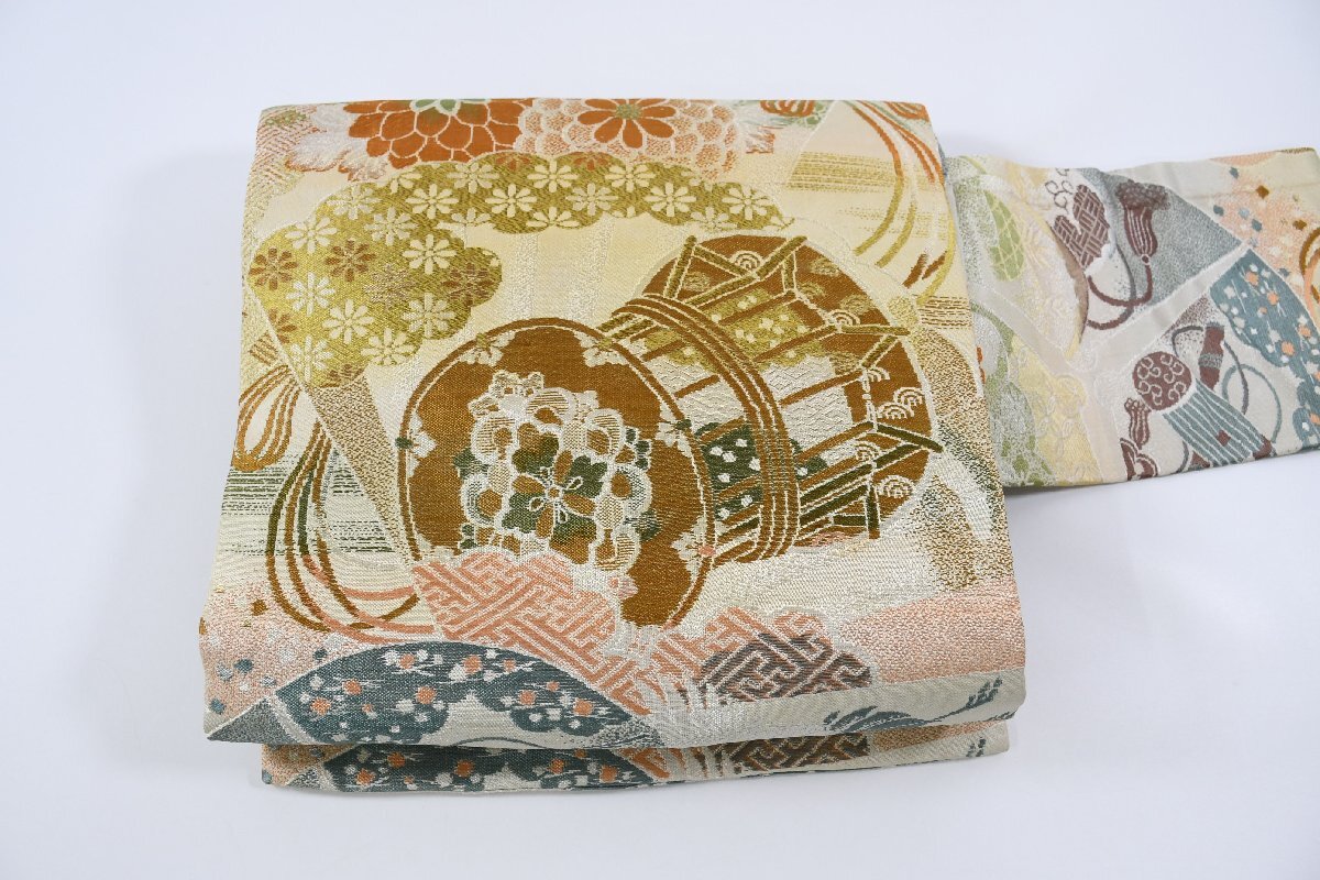 名古屋帯 アンティーク 鼓文 花 菊 帯丈348cm ★着物屋 ne-11237 桜庭呉服店拍卖