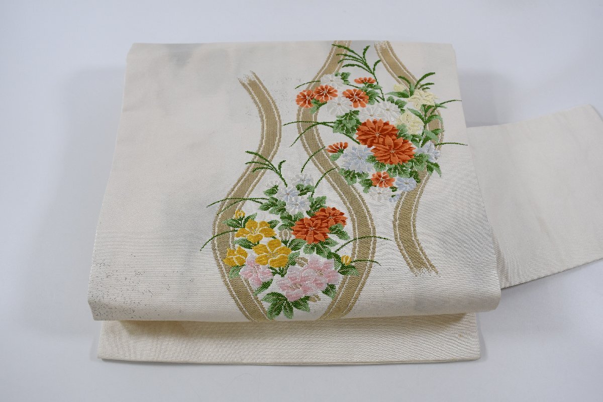 名古屋帯 よろけ縞 花 帯丈358cm ★着物屋 ne-11209 桜庭呉服店拍卖