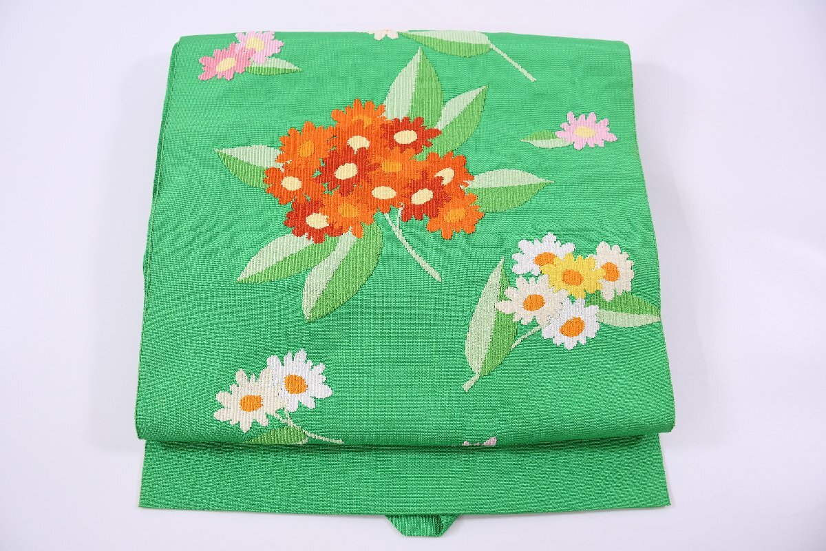 袋名古屋帯 松葉仕立て 秋草 花 緑 お太鼓柄 帯丈354cm ★着物屋 ne-11299 桜庭呉服店拍卖