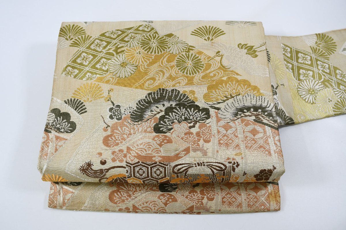 名古屋帯 アンティーク 花 松 秋草 帯丈328cm ★着物屋 ne-11367 桜庭呉服店拍卖