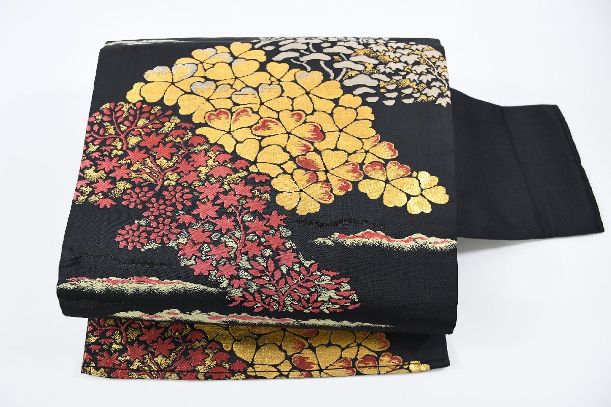 名古屋帯 アンティーク 花 秋草 帯丈328cm ★着物屋 ne-11371 桜庭呉服店拍卖