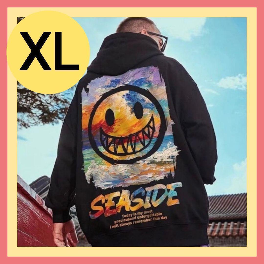 メンズ ペイント ニコちゃん パーカー オーバーサイズ 黒 ブラック 大きめ拍卖