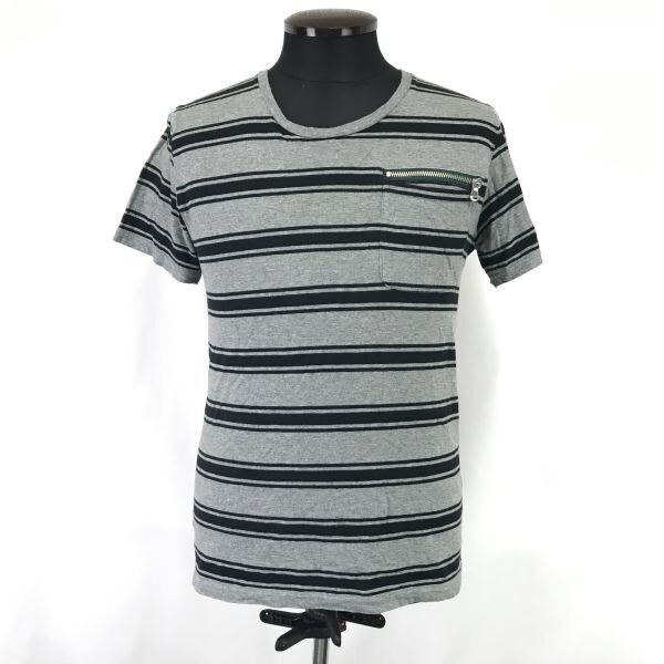 美品★NANO UNIVERSE/ナノユニバース★ジップポケット/半袖Tシャツ【メンズM/gray/グレー/ボーダー柄】Tops/Shirts◆BH854拍卖
