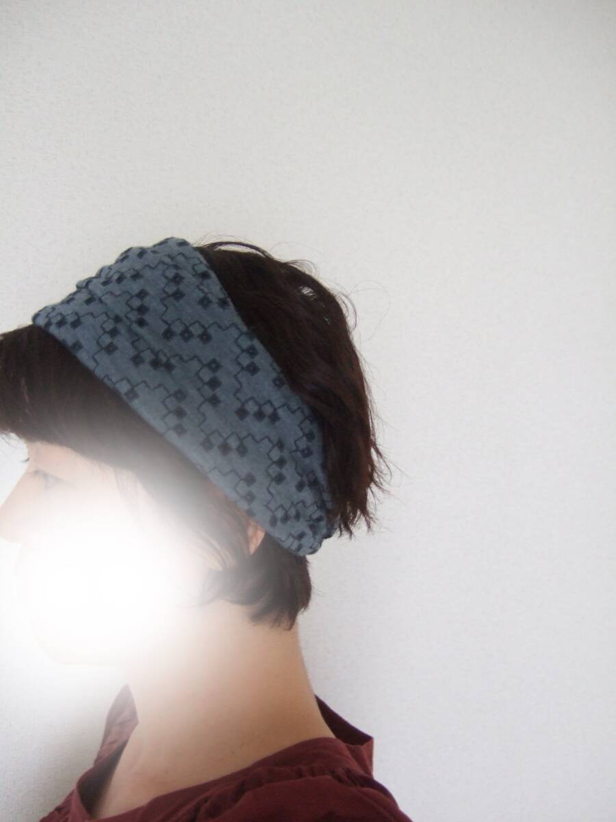 即決★ハンドメイド スクエア幾何学な刺ゆるっとニットのゆるターバン**ティルグリーン 大きめターバン ヘアバンド ヘアアクセサリー拍卖