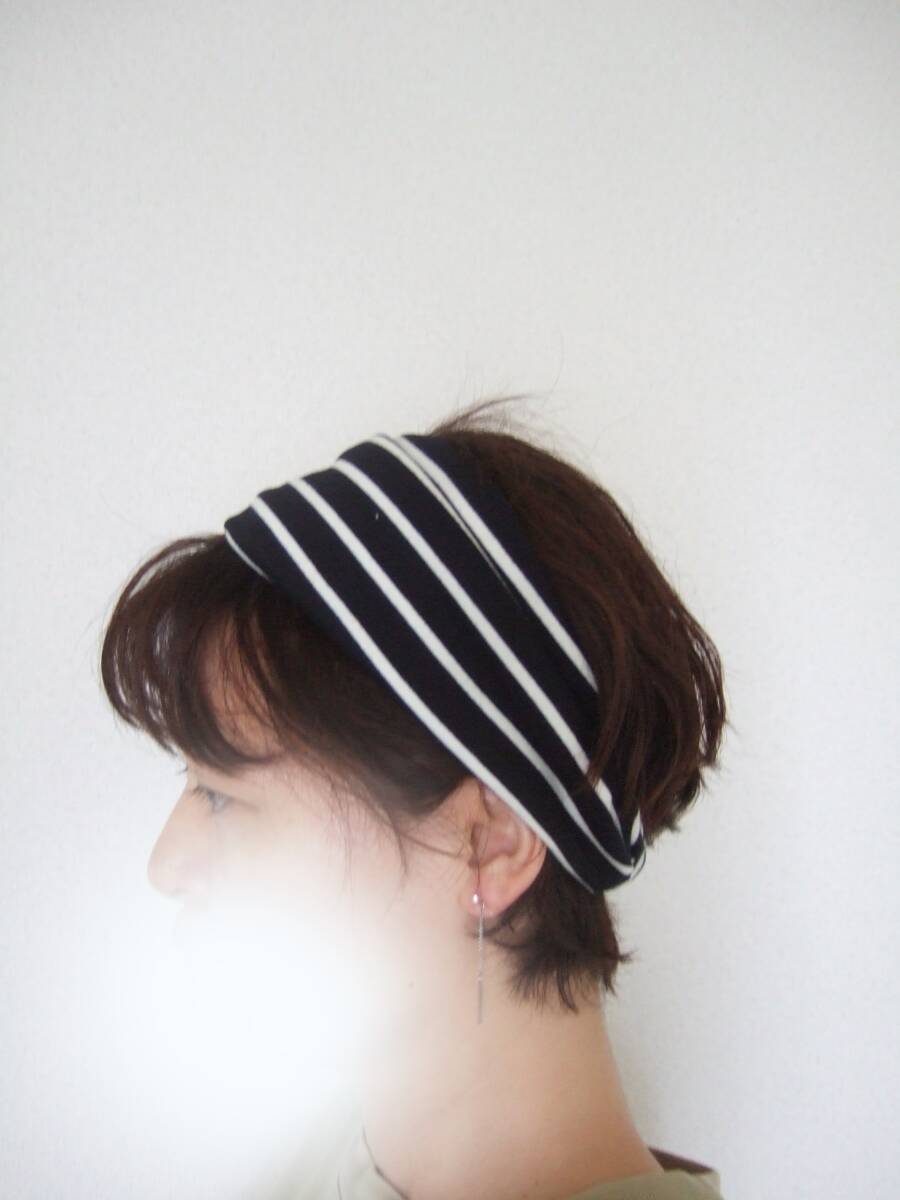 即決★ハンドメイド しっかり目ミニ裏毛コットンニット 黒ボーダー ゆるターバン**ニット素材が好きな方に拍卖