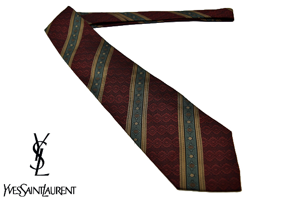 N-1262★送料無料★YSL YVES SAINT LAURENT イヴ サンローラン★日本製 ボルドー色 レジメンタル柄 織り生地 シルクネクタイ拍卖