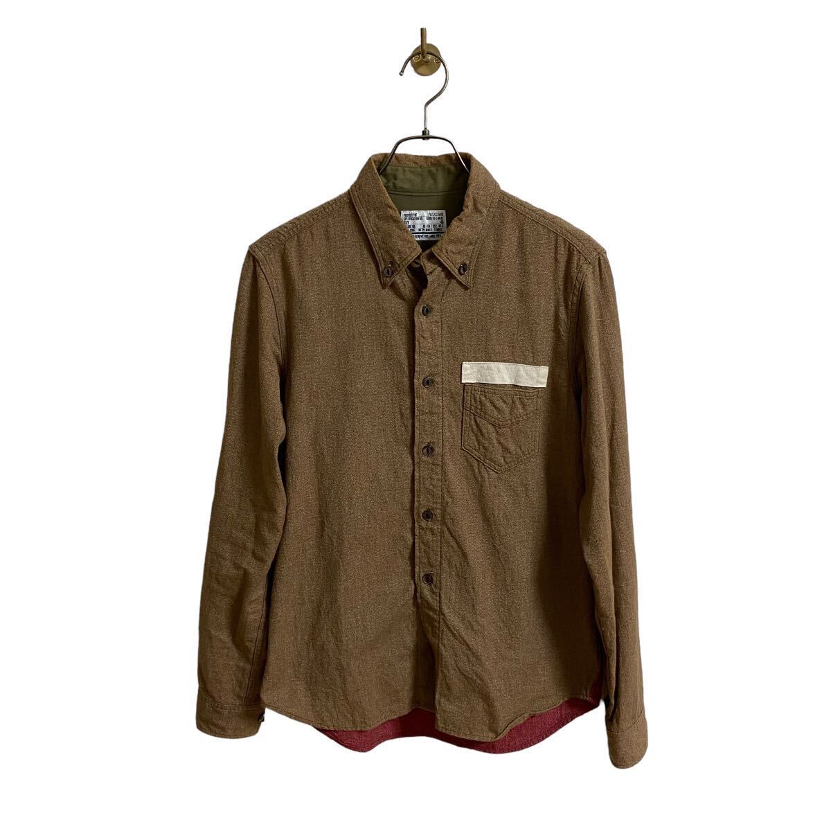 【NEXUSⅦ ネクサス7 猫目ボタン 前後切り替え 長袖シャツ ボタンダウンシャツ メンズ46 日本製 ブラウン系 × 赤系】拍卖