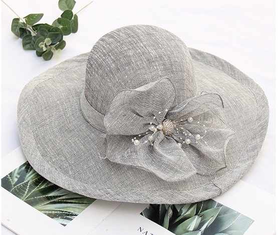 【麻】ハット/大きなお花★灰/グレー★帽子拍卖