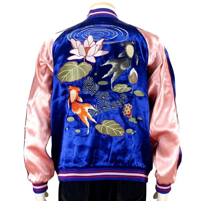 花旅楽団/赤黒出目金/スカジャン/ブルー/XL/3rsj-044/ジャパネスク/サトリ拍卖