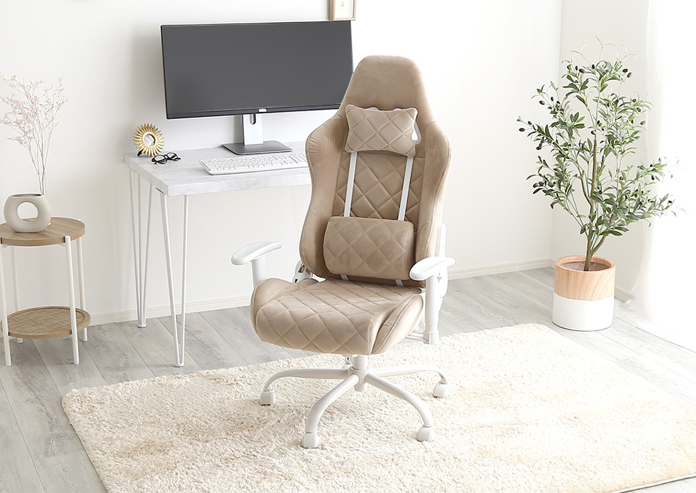 ゲーミングチェア かわいい デスクチェア 回転椅子 ベージュ色拍卖