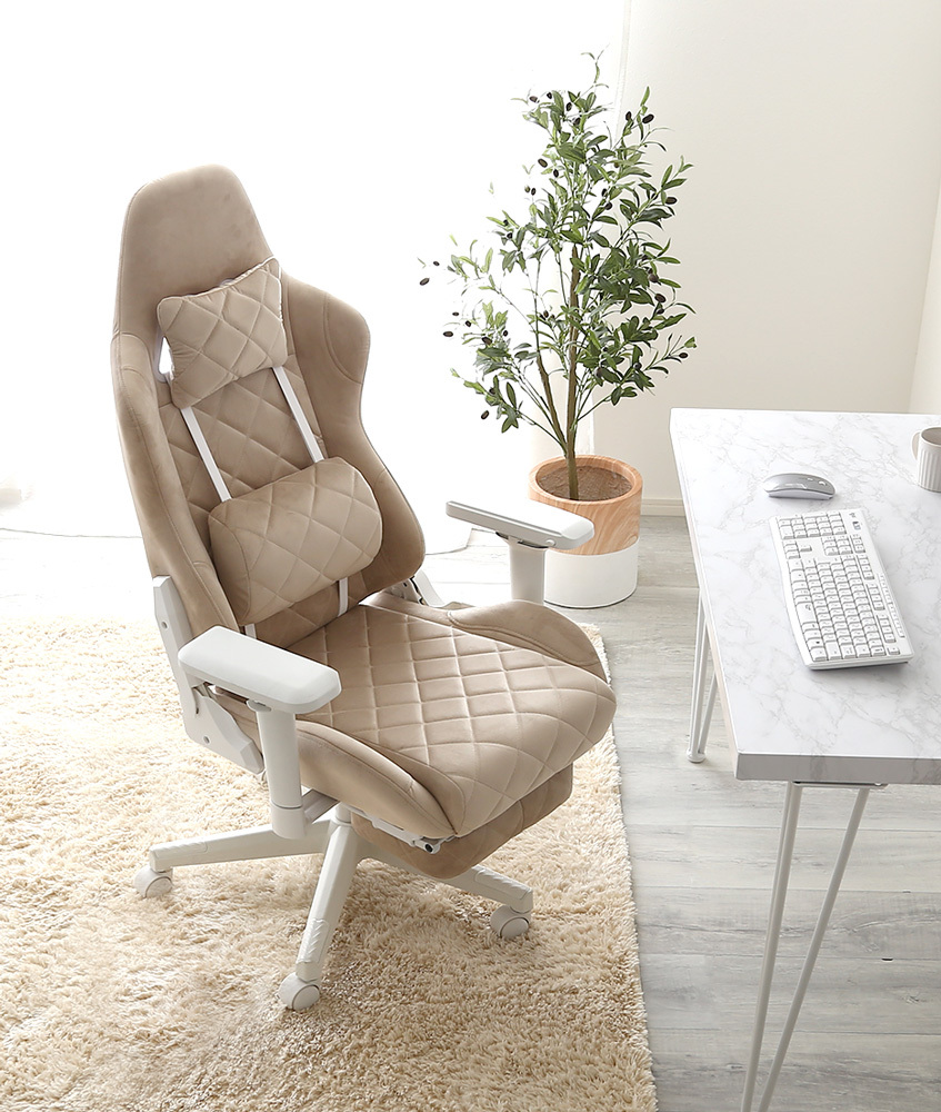 ゲーミングチェア オットマン付き かわいい デスクチェア 回転椅子 ベージュ色拍卖