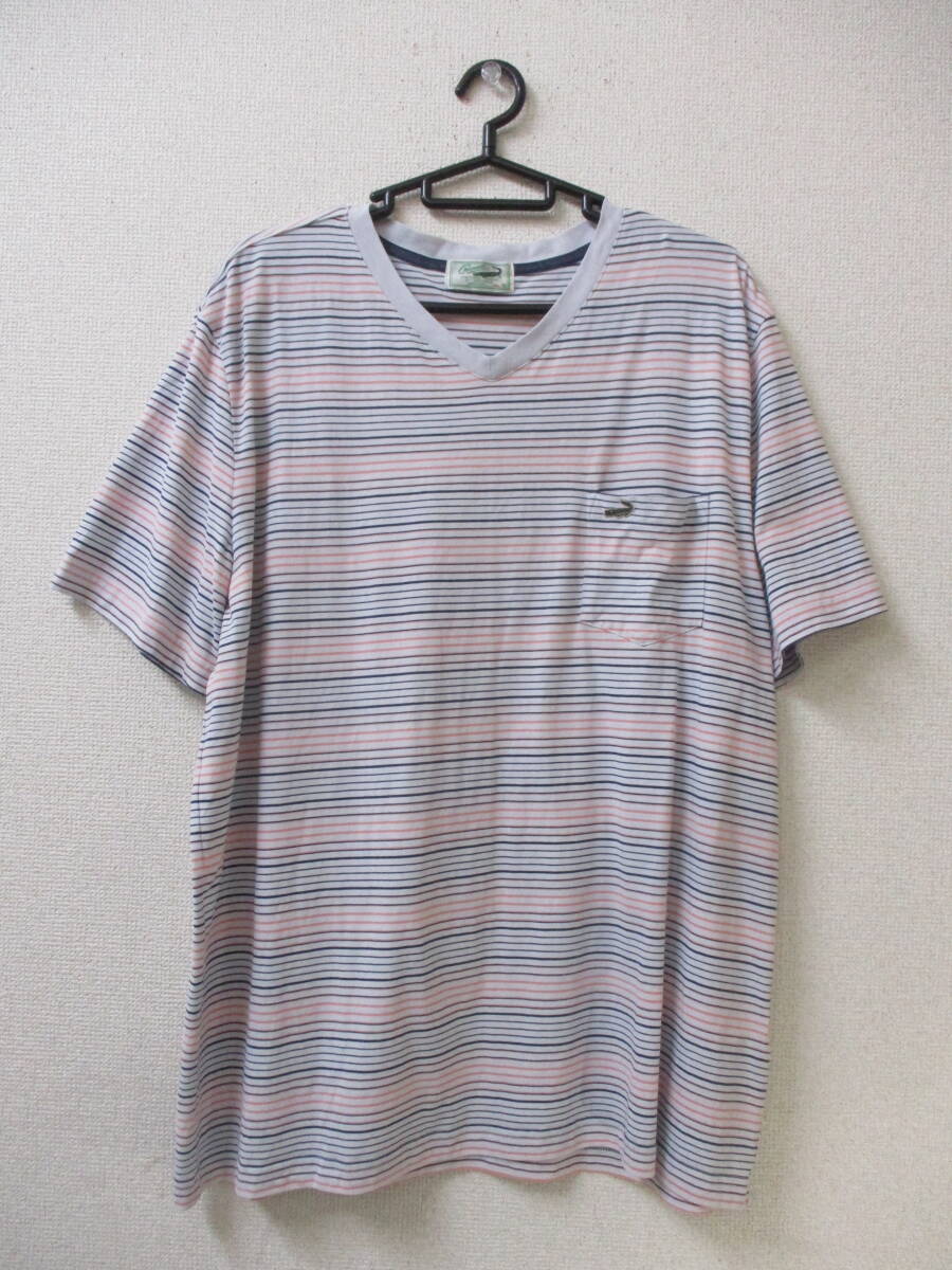 クロコダイル Crocodile メンズ ⅤネックTシャツ 3L ライトグレー・ボーダー 胸ポケット・刺繍ロゴ拍卖