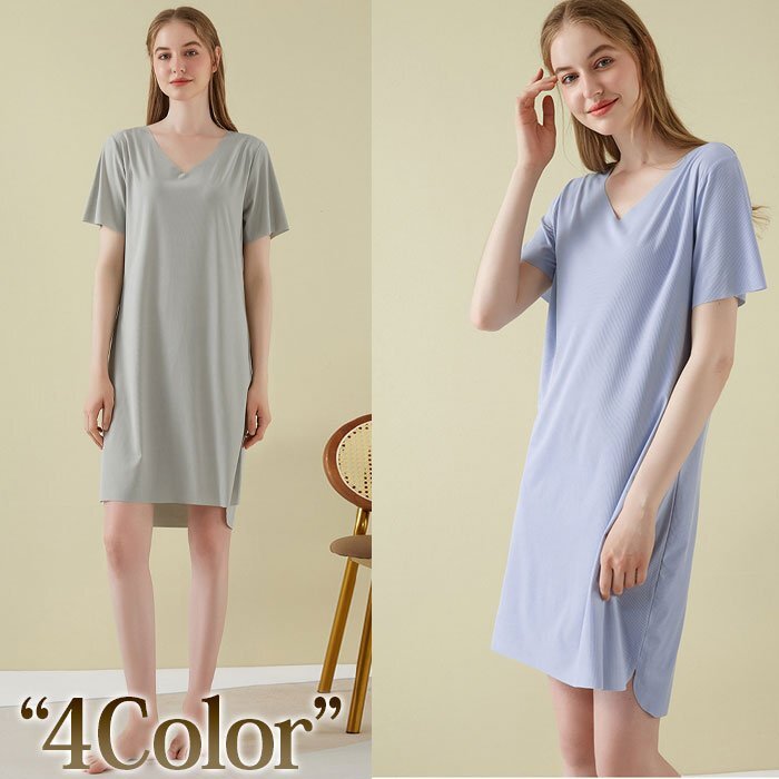 ルームウエア 部屋着 パジャマ ナイトウエア ワンピース 半袖 涼しい リラックス Vネック 薄い くつろぎ シンプル Mサイズ拍卖