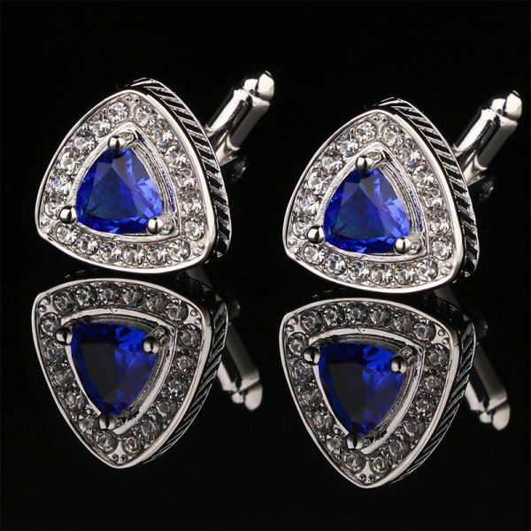 カフスボタン/カフリンクス/カフス/トライアングルクリアジュエル/シルバー×ブルー/フォーマル/スーツ/おしゃれ/0007/ 22拍卖