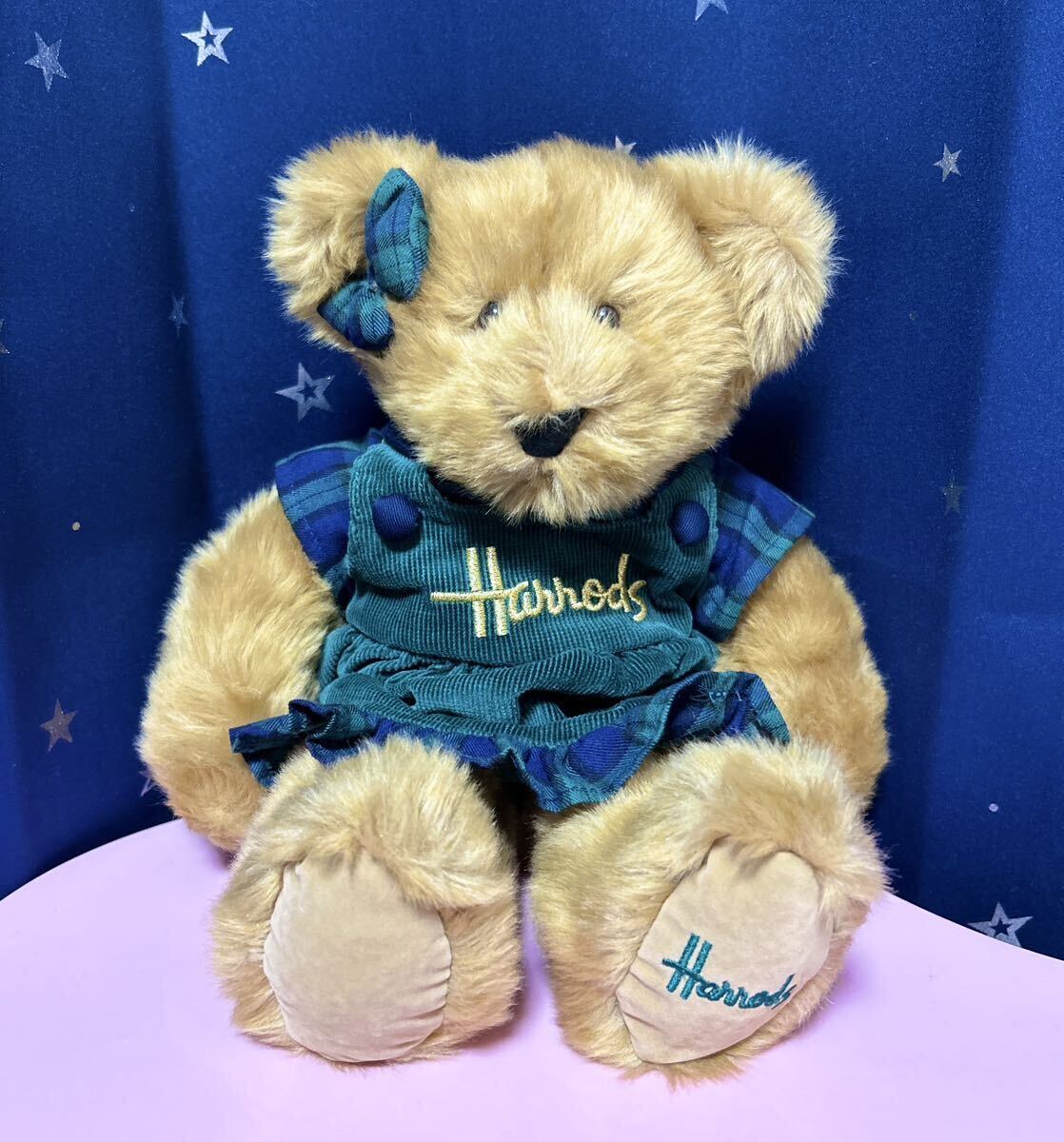 Harrods テディベア ぬいぐるみ 女の子 緑チェックワンピ ハロッズ ワンピース くま拍卖