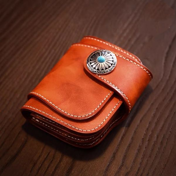 新品 二つ折り短財布 最高峰ウォレット本革 牛ヌメ革 メンズ 財布 手染め手縫いハンドメイド 牛革 小錢入れあり拍卖