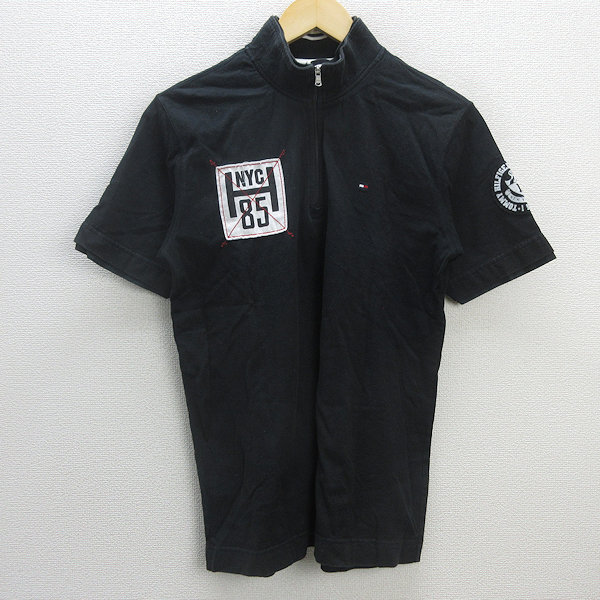 G■トミーヒルフィガー/TOMMYHILFIGER ハーフジップシャツ/コットン【S】黒/men's/62【中古】■拍卖