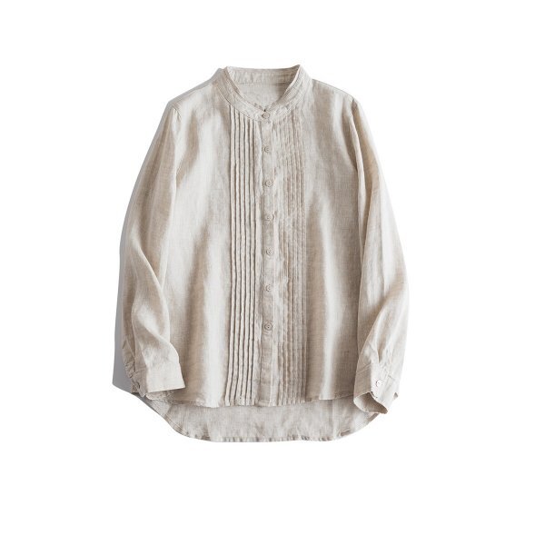 m2407カーディガン ヒダ 前開け 羽織物 スタンド襟 ワイシャツ ゆったり 麻100% リネン RINEN オシャレ フリーサイズ ナチュラル 亜麻色拍卖