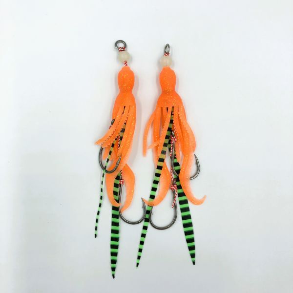 100342 耐久性・伸縮性の高い ツインカーリー タコベイト 7g オレンジラメ 2本セット タイラバ インチク マダイ ヒラメ タコロック風拍卖